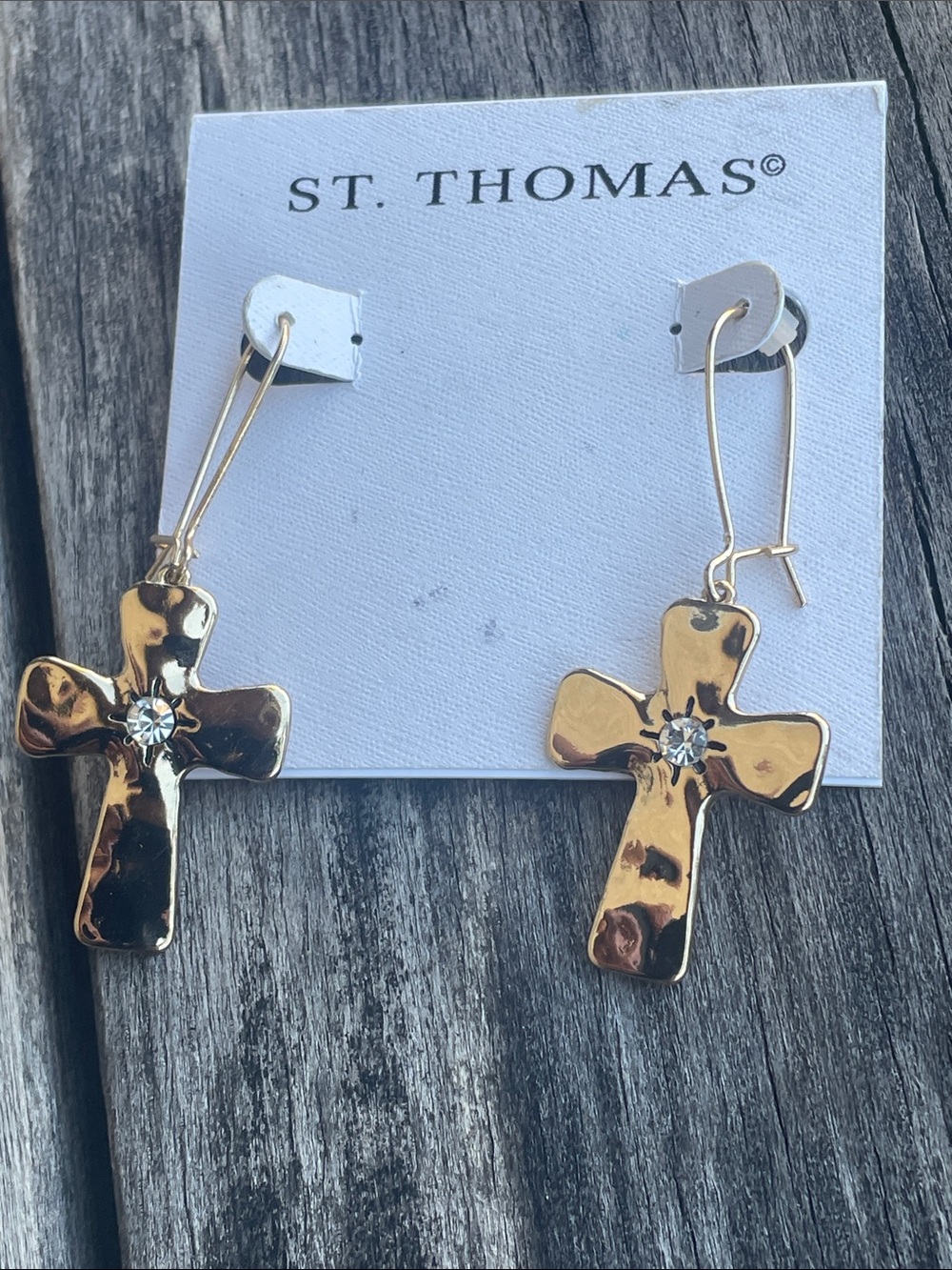 St. Thomas Gold Cross Drop Earrings with Crystal